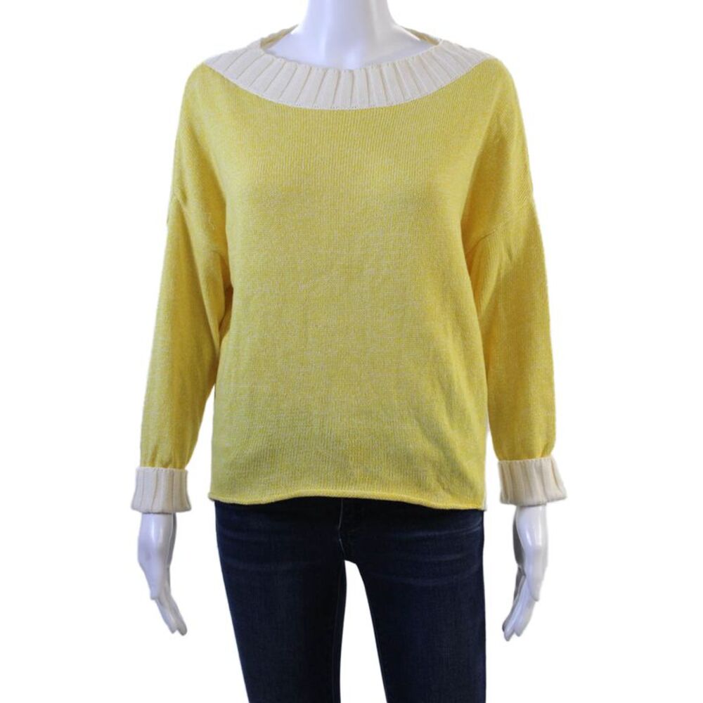 Kash Womens 3/4 Sleeve Scoop Neck Sweater Yellow White Cotton Size IT 40